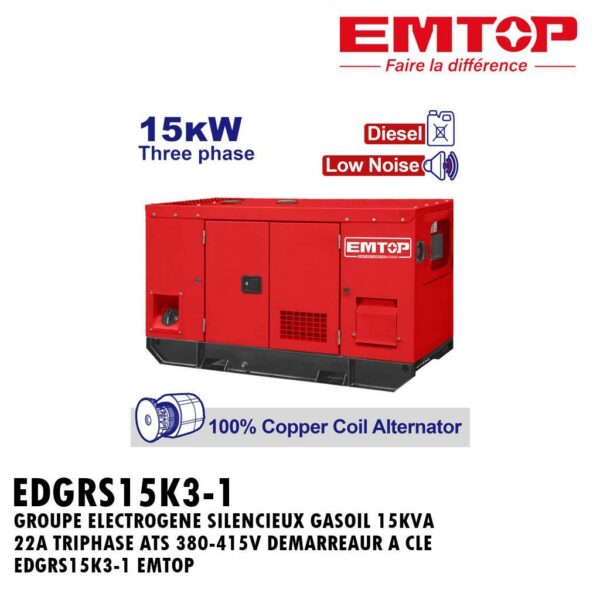 GROUPE ELECTROGENE SILENCIEUX GASOIL 15KVA 22A TRIPHASE ATS 380-415V DEMARREAUR A CLE EDGRS15K3-1 EMTOP