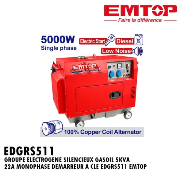 GROUPE ELECTROGENE SILENCIEUX GASOIL 5KVA 8.6A MONOPHASE DEMARREUR A CLE EDGRS511 EMTOP