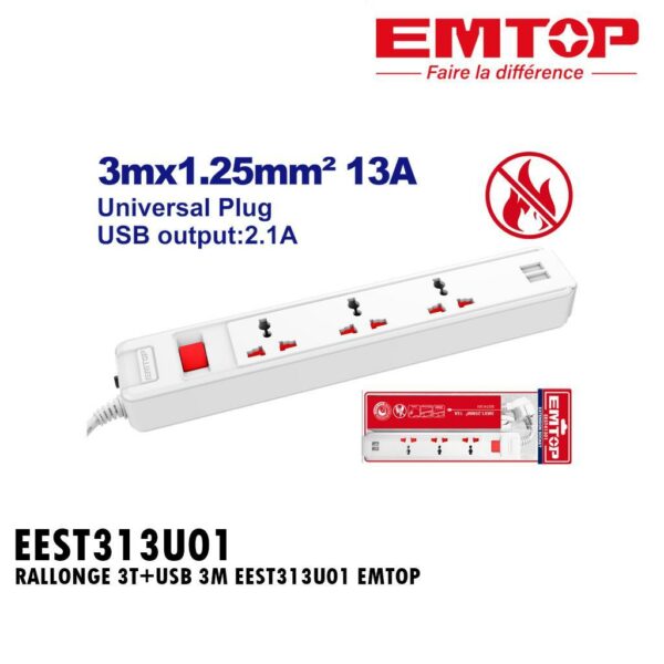 RALLONGE 3T+USB 3M EEST313U01 EMTOP