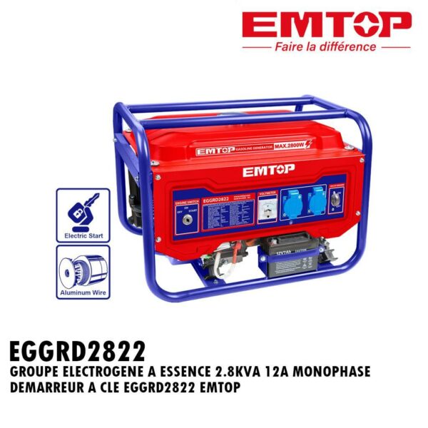 GROUPE ELECTROGENE A ESSENCE 2.8KVA 12A MONOPHASE DEMARREUR A CLE EGGRD2822 EMTOP