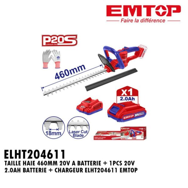 TAILLE HAIE 460MM 20V A BATTERIE + 1PCS 20V 2.0AH BATTERIE + CHARGEUR ELHT204611 EMTOP