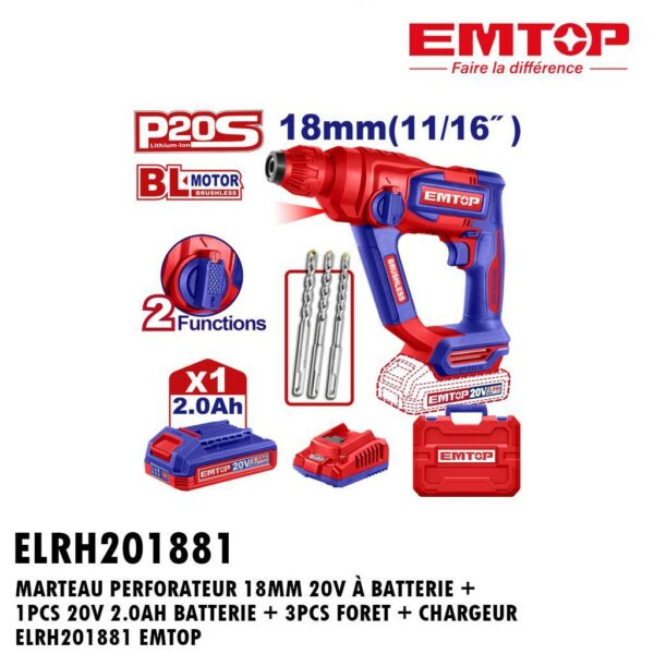 MARTEAU PERFORATEUR 18MM 20V A BATTERIE + 1PCS 20V 2.0AH BATTERIE + 3PCS FORET + CHARGEUR ELRH201881 EMTOP