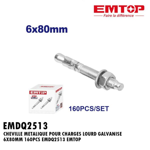 CHEVILLE METALIQUE POUR CHARGES LOURD GALVANISE 6X80MM 160PCS EMDQ2513 EMTOP