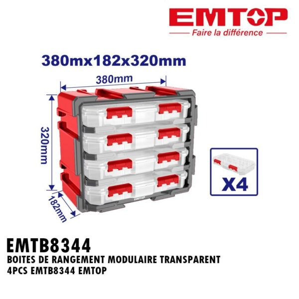 BOITES DE RANGEMENT MODULAIRE TRANSPARENT 4PCS EMTB8344 EMTOP
