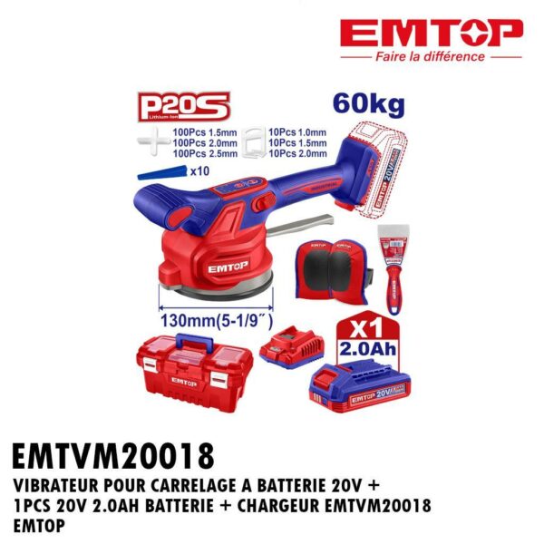VENTOUSE A BATTERIE 20V + 1PCS 20V 2.0AH BATTERIE + CHARGEUR EMTVM20018 EMTOP