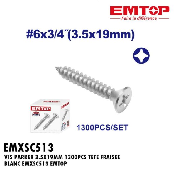 VIS PARKER 3.5X19MM 1300PCS TETE FRAISEE BLANC EMXSC513 EMTOP