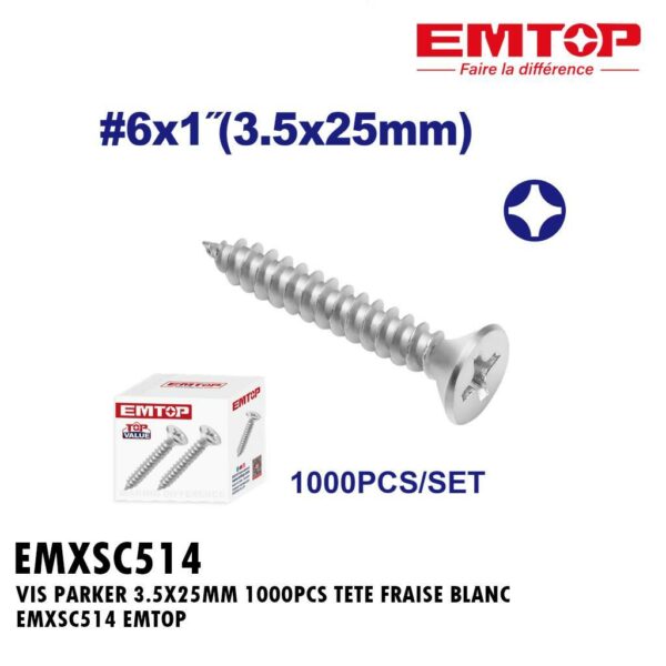 VIS PARKER 3.5X25MM 1000PCS TETE FRAISE BLANC EMXSC514 EMTOP
