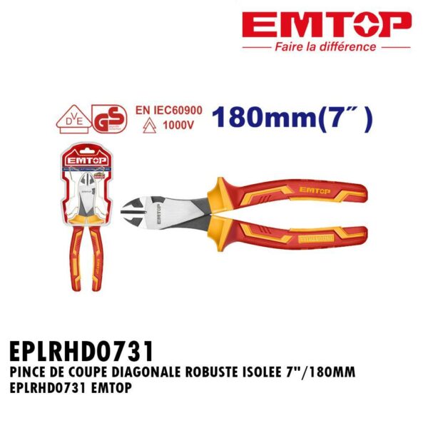 PINCE DE COUPE DIAGONALE ROBUSTE ISOLEE 7"/180MM EPLRHD0731 EMTOP