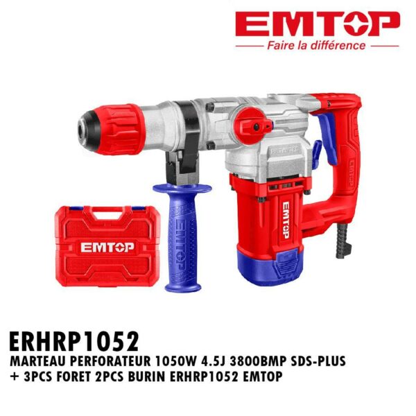 MARTEAU PERFORATEUR 1050W 4.5J 3800BMP SDS-PLUS + 3PCS FORET 2PCS BURIN ERHRP1052 EMTOP