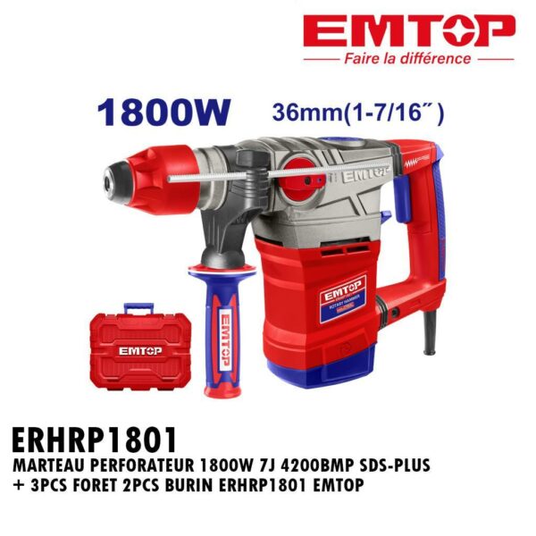 MARTEAU PERFORATEUR 1800W 7J 4200BMP SDS-PLUS + 3PCS FORET 2PCS BURIN ERHRP1801 EMTOP