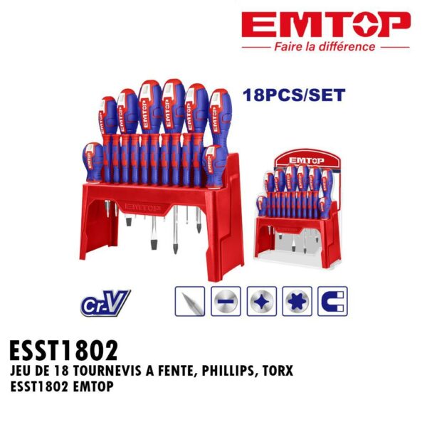 JEU DE 18 TOURNEVIS A FENTE. PHILLIPS. TORX ESST1802 EMTOP