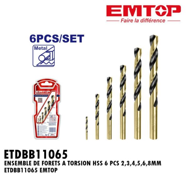 ENSEMBLE DE FORETS A TORSION HSS 6 PCS 2.3.4.5.6.8MM ETDBB11065 EMTOP