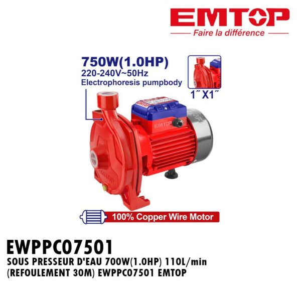 SOUS PRESSEUR D'EAU 700W(1.0HP) 110L/min (REFOULEMENT 30M) EWPPC07501 EMTOP