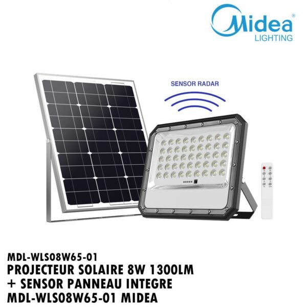 PROJECTEUR SOLAIRE 8W 1300LM + SENSOR PANNEAU INTEGRE MDL-WLS08W65-01 MIDEA