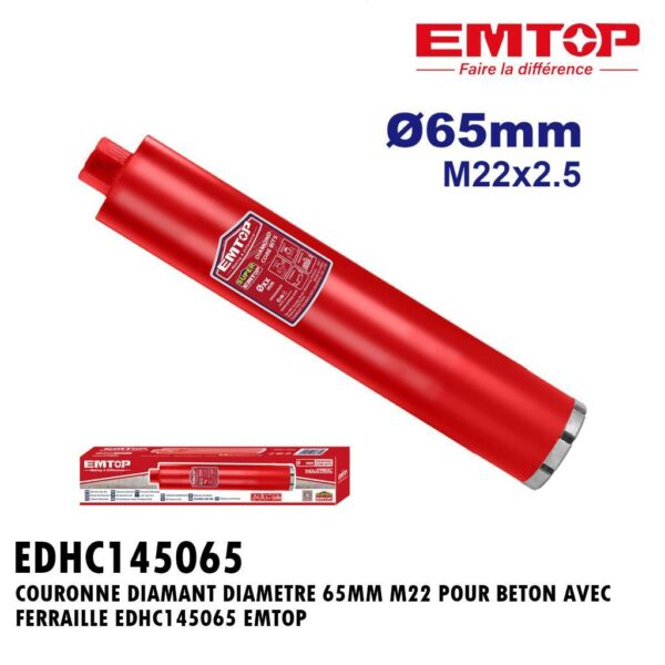 COURONNE DIAMANT DIAMETRE 65MM M22 POUR BETON AVEC FERRAILLE EDHC145065 EMTOP