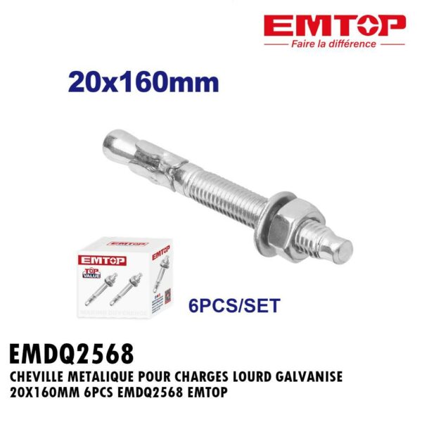CHEVILLE METALIQUE POUR CHARGES LOURD GALVANISE 20X160MM 6PCS EMDQ2568 EMTOP