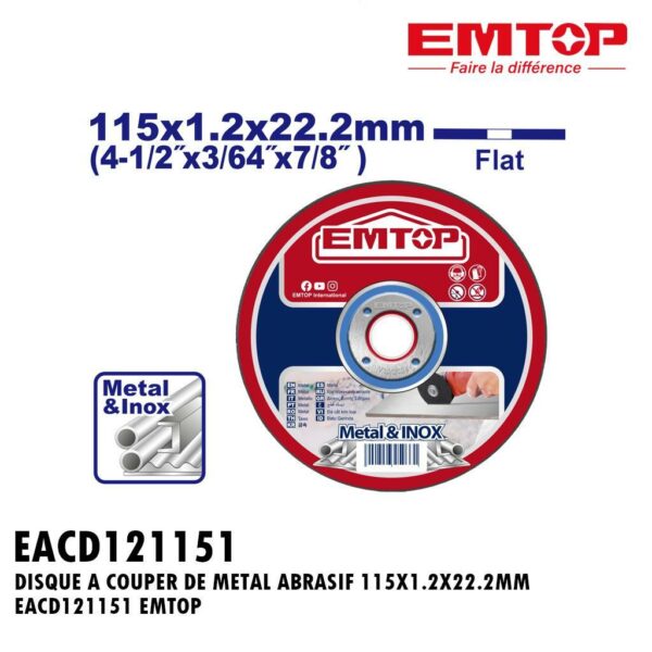 DISQUE A COUPER DE METAL ABRASIF 115X1.2X22.2MM EACD121151 EMTOP