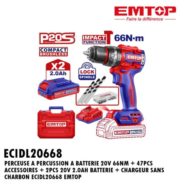 PERCEUSE A PERCUSSION A BATTERIE 20V 66NM + 47PCS ACCESSOIRES + 2PCS 20V 2.0AH BATTERIE + CHARGEUR SANS CHARBON ECIDL20668 EMTOP