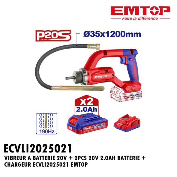 VIBREUR A BATTERIE 20V + 2PCS 20V 2.0AH BATTERIE + CHARGEUR ECVLI2025021 EMTOP