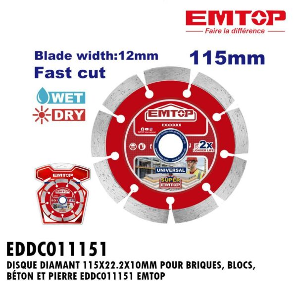 DISQUE DIAMANT 115X22.2X10MM POUR BRIQUES, BLOCS, BÉTON ET PIERRE EDDC011151 EMTOP