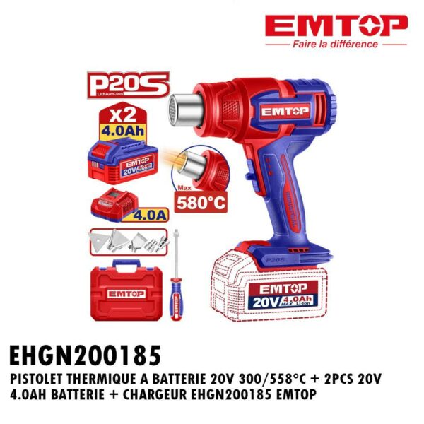 PISTOLET THERMIQUE A BATTERIE 20V 300/558°C + 2PCS 20V 4.0AH BATTERIE + CHARGEUR EHGN200185 EMTOP