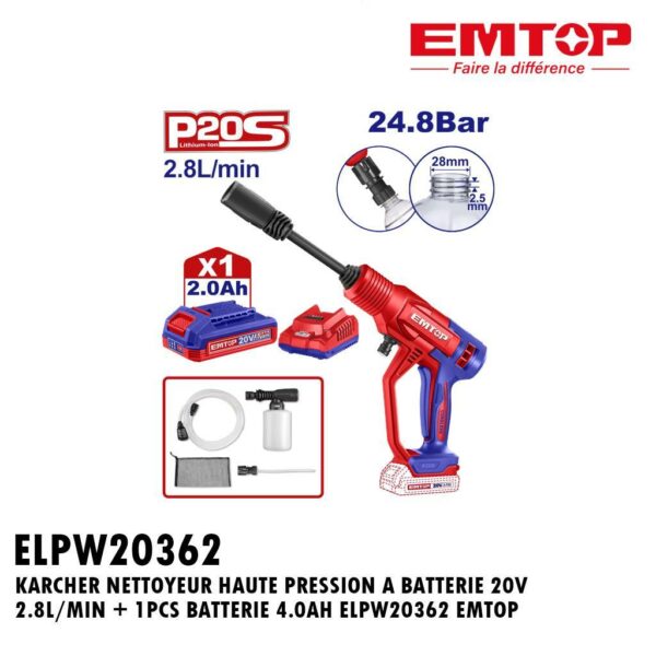 KARCHER NETTOYEUR HAUTE PRESSION A BATTERIE 20V 2.8L/MIN + 1PCS BATTERIE 4.0AH ELPW20362 EMTOP