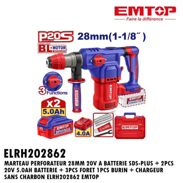 MARTEAU PERFORATEUR 28MM 20V A BATTERIE SDS-PLUS + 2PCS 20V 5.0AH BATTERIE + 3PCS FORET 1PCS BURIN + CHARGEUR SANS CHARBON ELRH202862 EMTOP