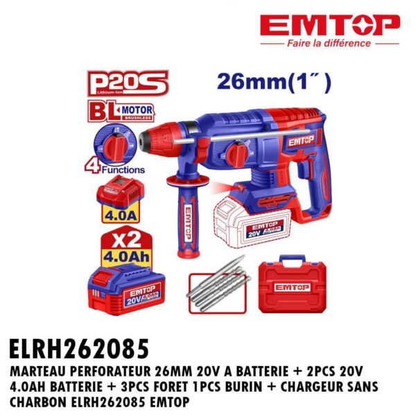 MARTEAU PERFORATEUR 26MM 20V A BATTERIE + 2PCS 20V 4.0AH BATTERIE + 3PCS FORET 1PCS BURIN + CHARGEUR SANS CHARBON ELRH262085 EMTOP