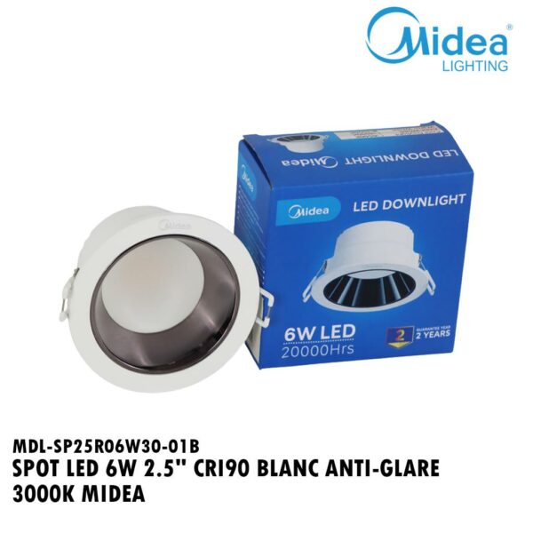 SPOT LED 6W 2.5" CRI90 BLANC ANTI-GLARE 3000K MIDEA