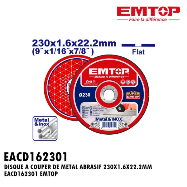 DISQUE A COUPER DE METAL ABRASIF 230X1.6X22.2MM EACD162301 EMTOP