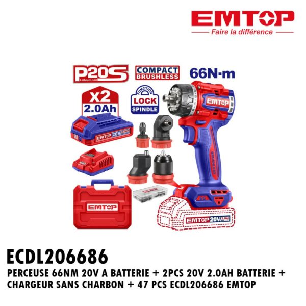 PERCEUSE 66NM 20V A BATTERIE + 2PCS 20V 2.0AH BATTERIE + CHARGEUR SANS CHARBON + 47 PCS ECDL206686 EMTOP