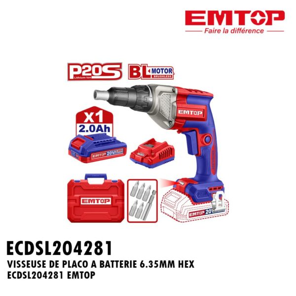 VISSEUSE DE PLACO A BATTERIE 6.35MM HEX ECDSL204281 EMTOP
