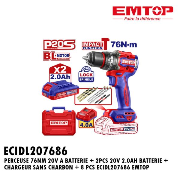 PERCEUSE 76NM 20V A BATTERIE + 2PCS 20V 2.0AH BATTERIE + CHARGEUR SANS CHARBON + 8 PCS ECIDL207686 EMTOP