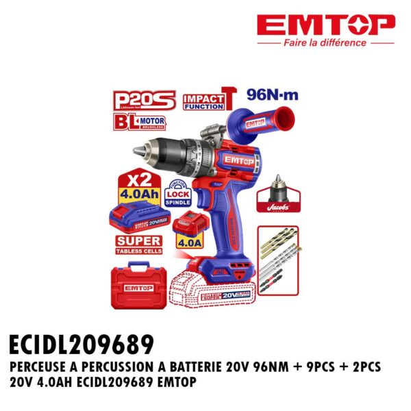 PERCEUSE A PERCUSSION A BATTERIE 20V 96NM + 9PCS + 2PCS 20V 4.0AH ECIDL209689 EMTOP