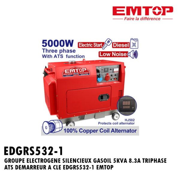 GROUPE ELECTROGENE SILENCIEUX GASOIL 5KVA 8.3A TRIPHASE ATS DEMARREUR A CLE EDGRS532-1 EMTOP