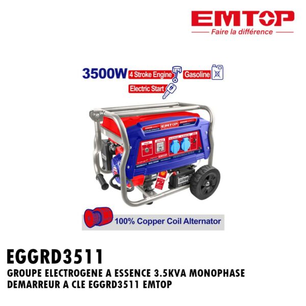 GROUPE ELECTROGENE A ESSENCE 3.5KVA MONOPHASE DEMARREUR A CLE EGGRD3511 EMTOP