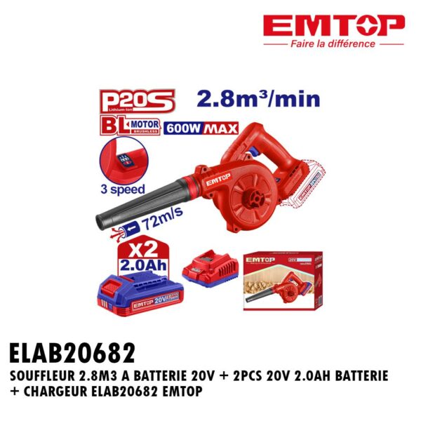 SOUFFLEUR 2.8M3 A BATTERIE 20V + 2PCS 20V 2.0AH BATTERIE + CHARGEUR ELAB20682 EMTOP