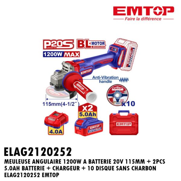 MEULEUSE ANGULAIRE 1200W A BATTERIE 20V 115MM + 2PCS 5.0AH BATTERIE + CHARGEUR + 10 DISQUE SANS CHARBON ELAG2120252 EMTOP