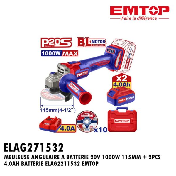 MEULEUSE ANGULAIRE A BATTERIE 20V 1000W 115MM + 2PCS 4.0AH BATTERIE ELAG2211532 EMTOP