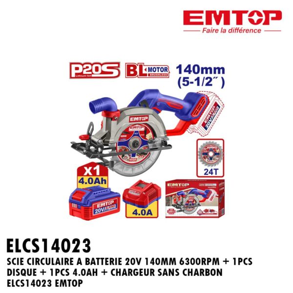 SCIE CIRCULAIRE A BATTERIE 20V 140MM 6300RPM + 1PCS DISQUE + 1PCS 4.0AH + CHARGEUR SANS CHARBON ELCS14023 EMTOP