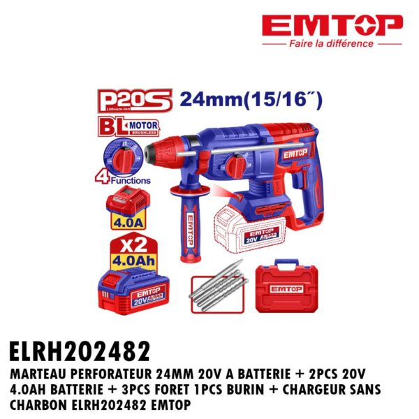 MARTEAU PERFORATEUR 24MM 20V A BATTERIE + 2PCS 20V 4.0AH BATTERIE + 3PCS FORET 1PCS BURIN + CHARGEUR SANS CHARBON ELRH202482 EMTOP