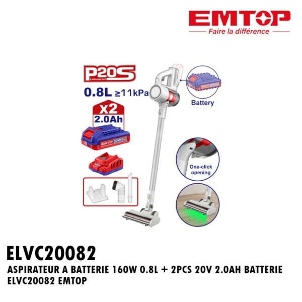 ASPIRATEUR A BATTERIE 160W 0.8L + 2PCS 20V 2.0AH BATTERIE ELVC20082 EMTOP