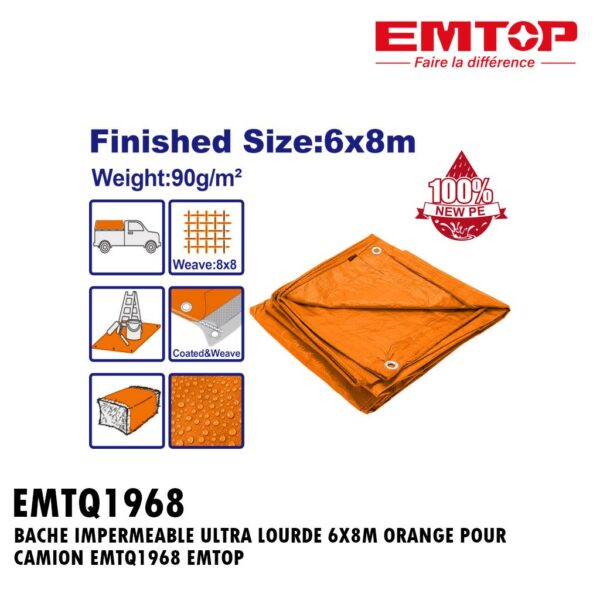 BACHE IMPERMEABLE ULTRA LOURDE 6X8M ORANGE POUR CAMION  EMTQ1968 EMTOP