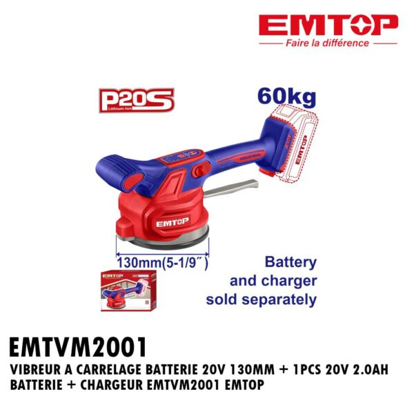 VIBREUR A CARRELAGE BATTERIE 20V 130MM + 1PCS 20V 2.0AH BATTERIE + CHARGEUR EMTVM2001 EMTOP
