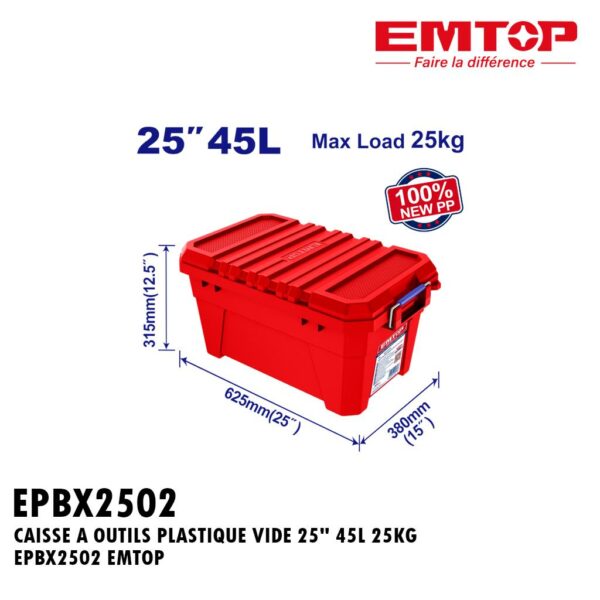 CAISSE A OUTILS PLASTIQUE VIDE 25" 45L 25KG EPBX2502 EMTOP