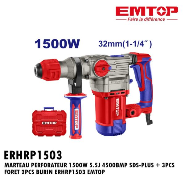 MARTEAU PERFORATEUR 1500W 5.5J 4500BMP SDS-PLUS + 3PCS FORET 2PCS BURIN ERHRP1503 EMTOP