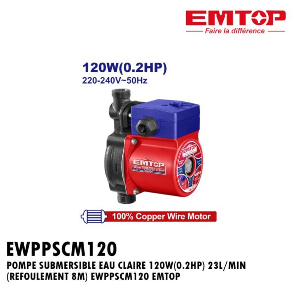 POMPE SUBMERSIBLE EAU CLAIRE 120W(0.2HP) 23L/MIN (REFOULEMENT 8M)  EWPPSCM120 EMTOP