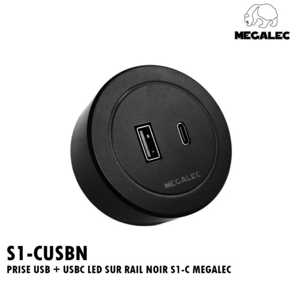 PRISE USB + USBC LED SUR RAIL NOIR S1-C MEGALEC